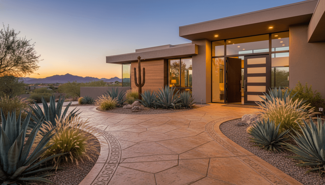Decorative stamped concrete walkway at Arizona home